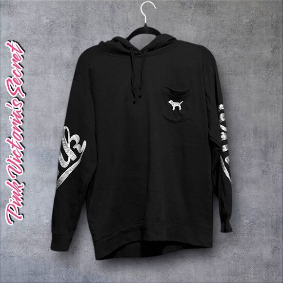 Preowned RARE PINK Victoria’s Secret Sequin Logo Hoodie - Black - Size XS - Picture 1 of 7